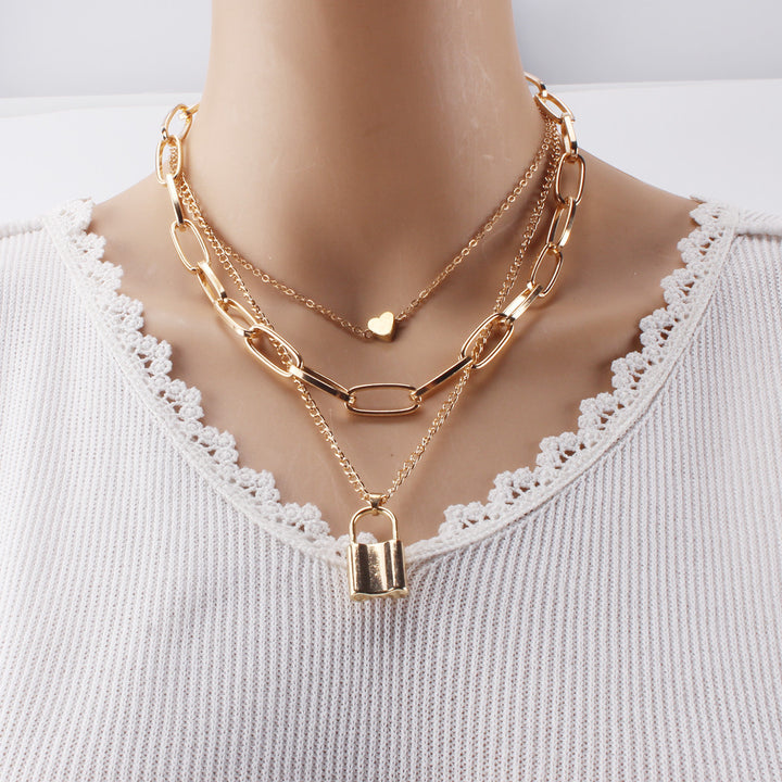 Punk Hip Hop Exaggerated Thick Chain Necklace Women Multi-Layer Lock Love Necklace Sweater Chain