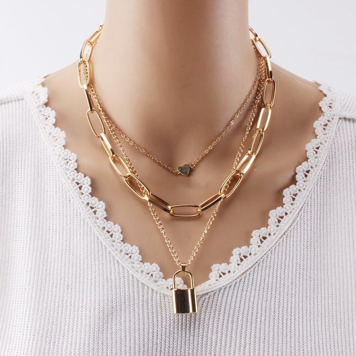 Punk Hip Hop Exaggerated Thick Chain Necklace Women Multi-Layer Lock Love Necklace Sweater Chain