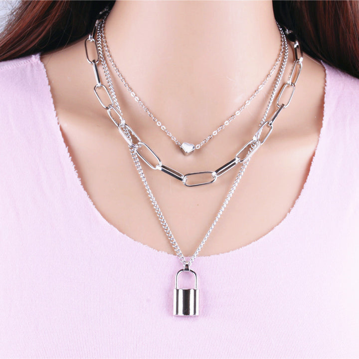 Punk Hip Hop Exaggerated Thick Chain Necklace Women Multi-Layer Lock Love Necklace Sweater Chain